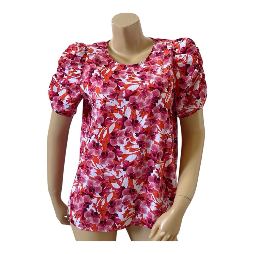 Pleione Blouse Womens S Red Orange Floral Puff Sleeve Pleated Shoulder Boho Top